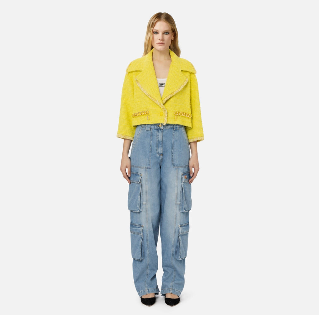 Citron tweed cropped jacket with chain detail