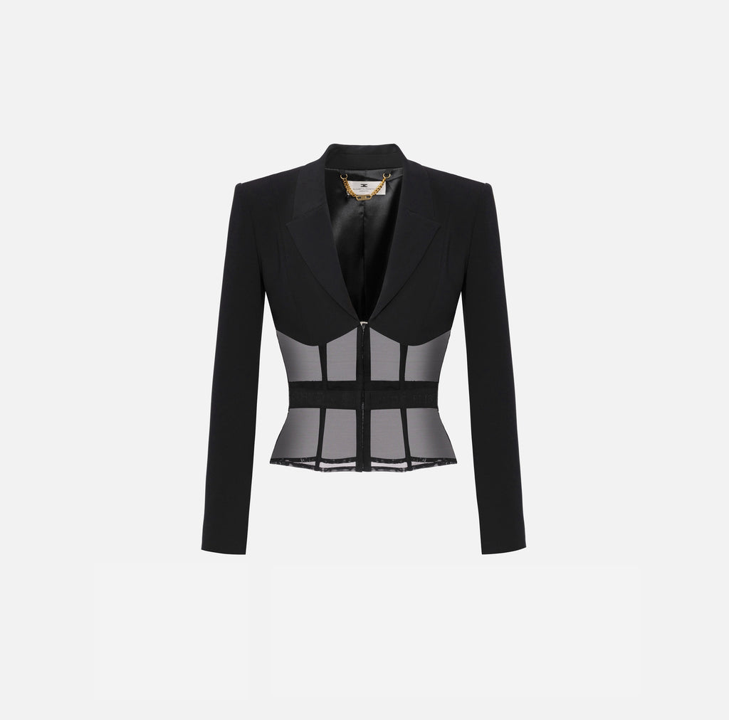 Black stretch structured jacket with transparent panels