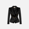Black duchess satin structured jacket with gold buttons