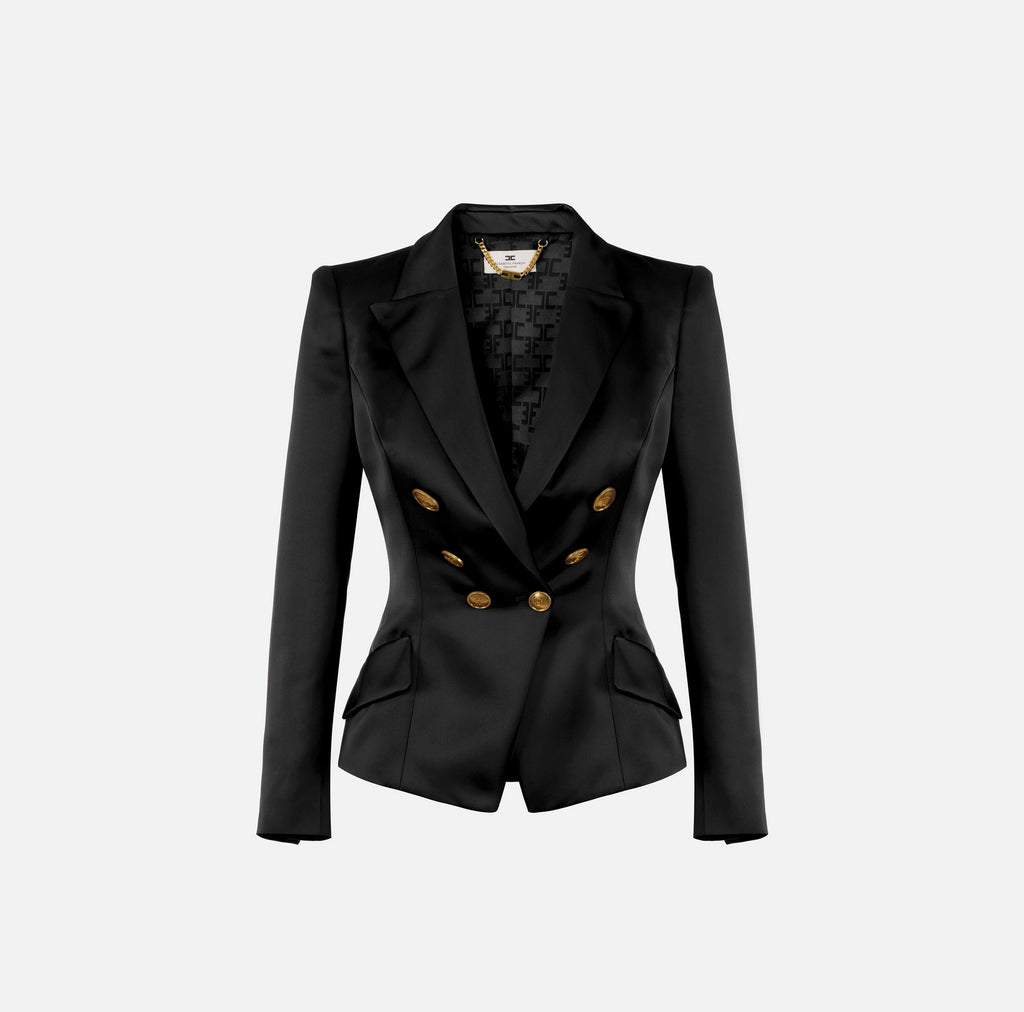 Black duchess satin structured jacket with gold buttons