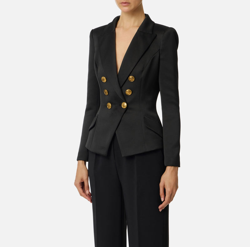 Black duchess satin structured jacket with gold buttons