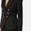 Black duchess satin structured jacket with gold buttons