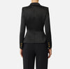 Black duchess satin structured jacket with gold buttons
