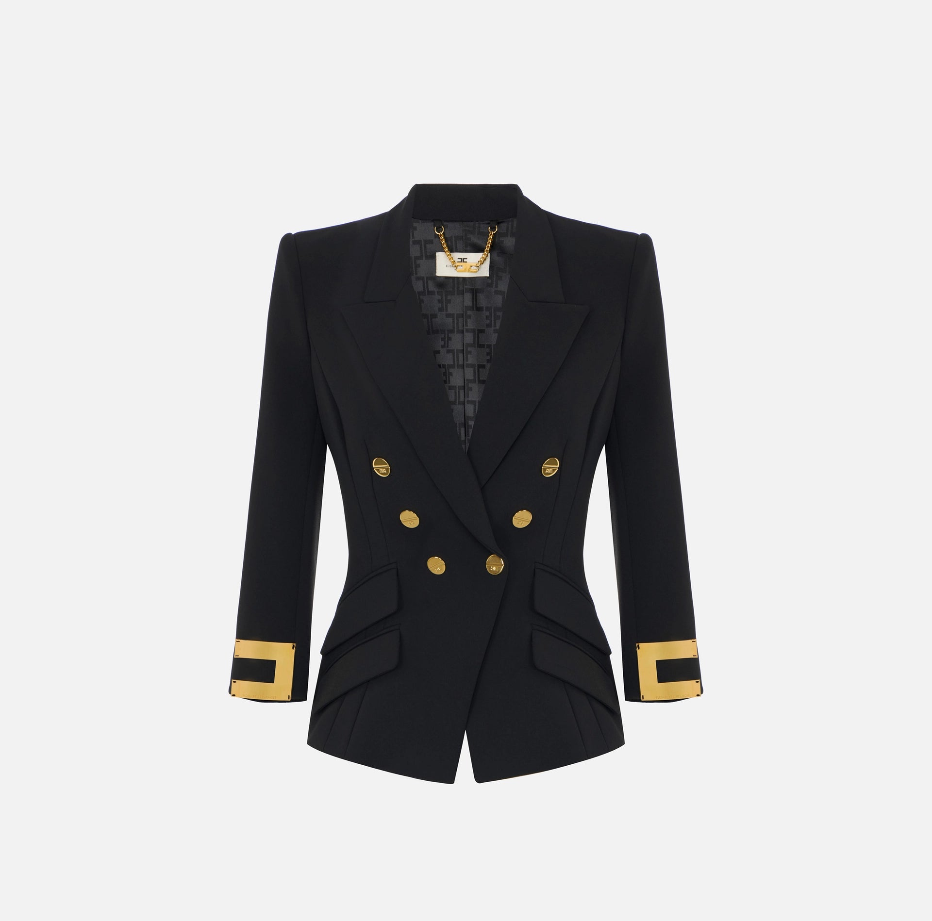 Navy structured jacket with gold buttons and logo details on sleeves