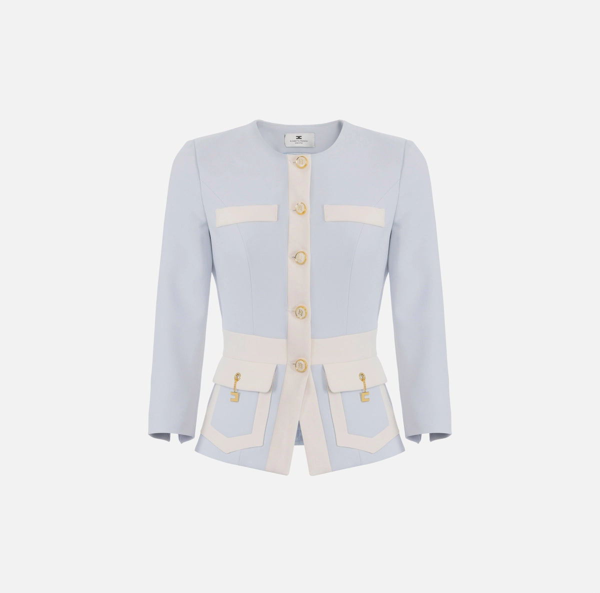 Baby blue structured jacket with ivory trimmings