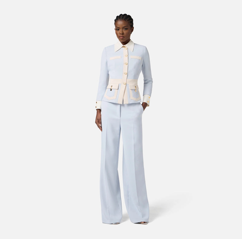 Baby blue structured jacket with ivory trimmings