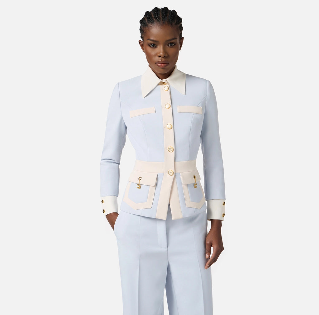 Baby blue structured jacket with ivory trimmings