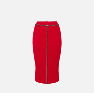 Red knit pencil skirt with chain detail