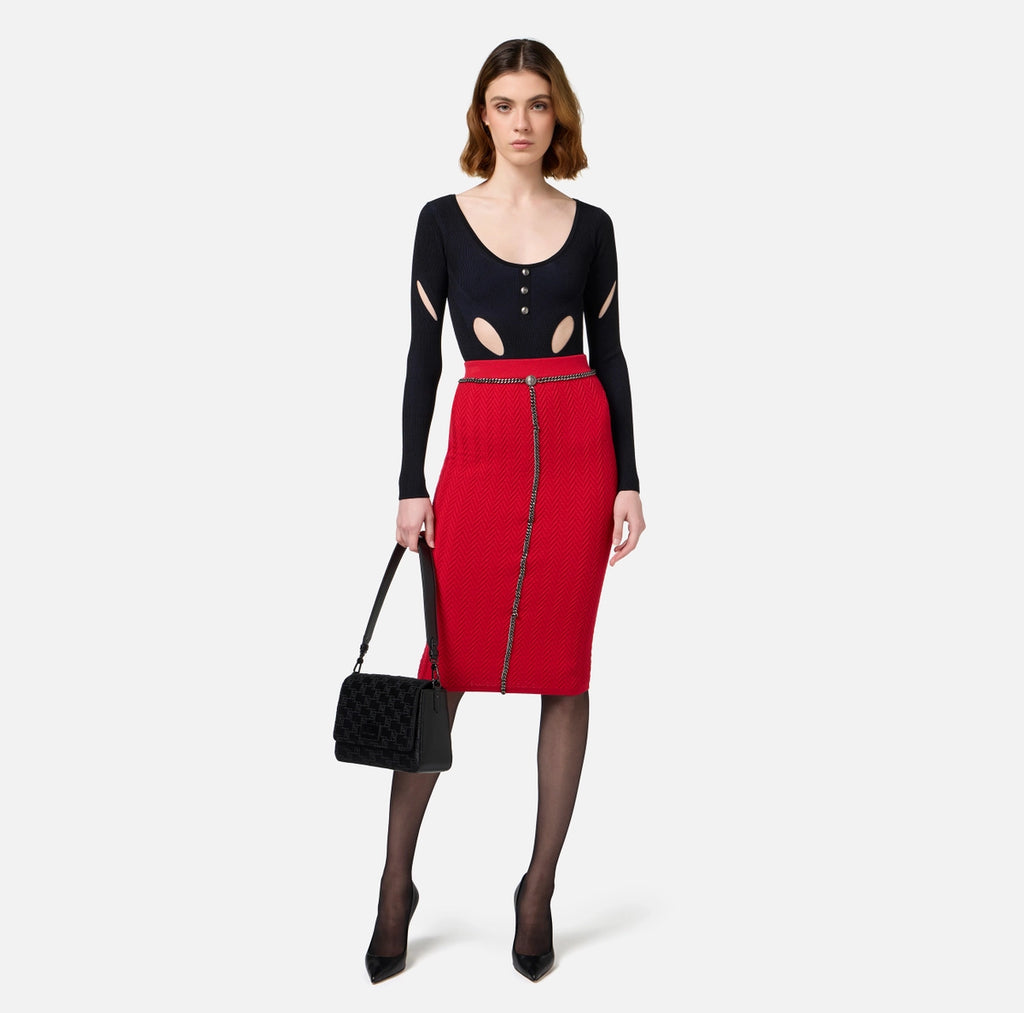 Red knit pencil skirt with chain detail