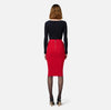 Red knit pencil skirt with chain detail