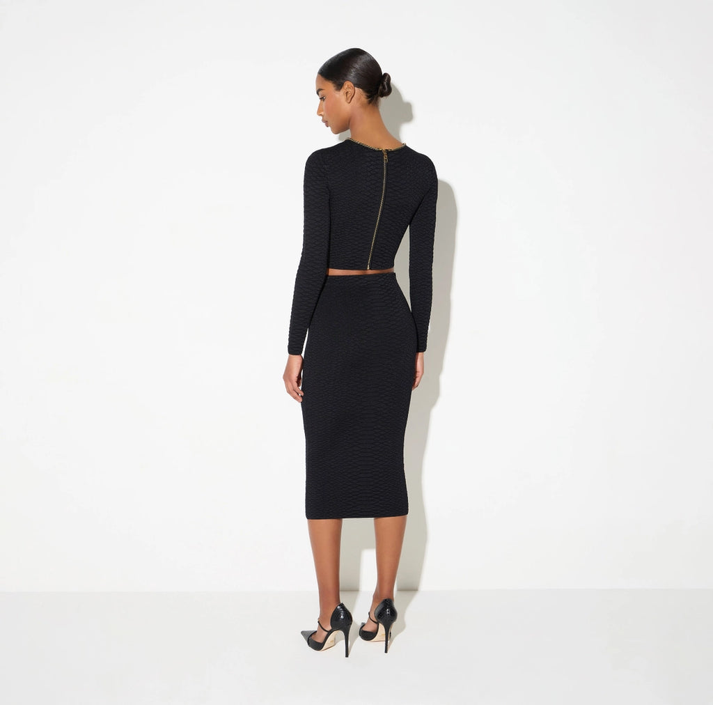 Black snake pattern knit midi pencil skirt