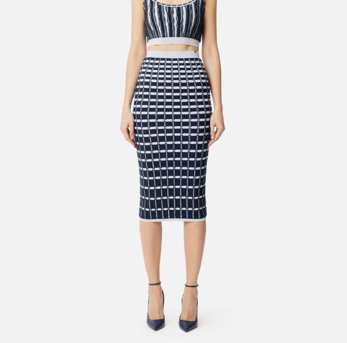 Baby blue knit pencil midi skirt