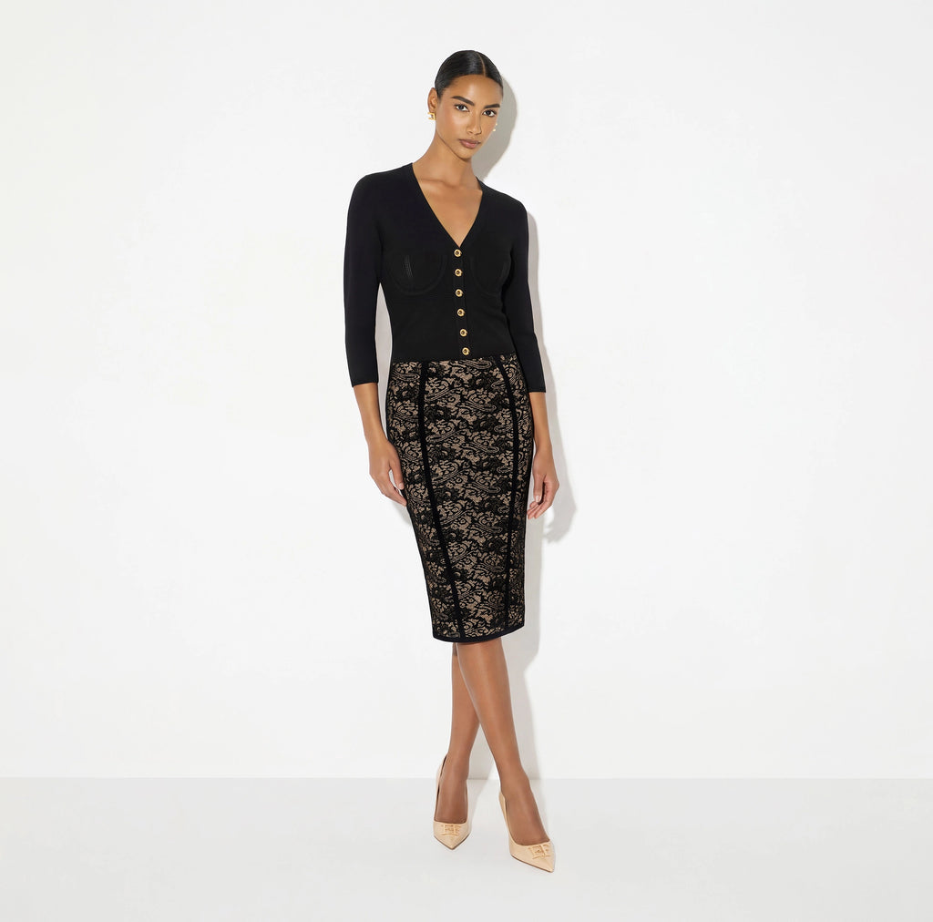 Black nude lace print knit pencil skirt