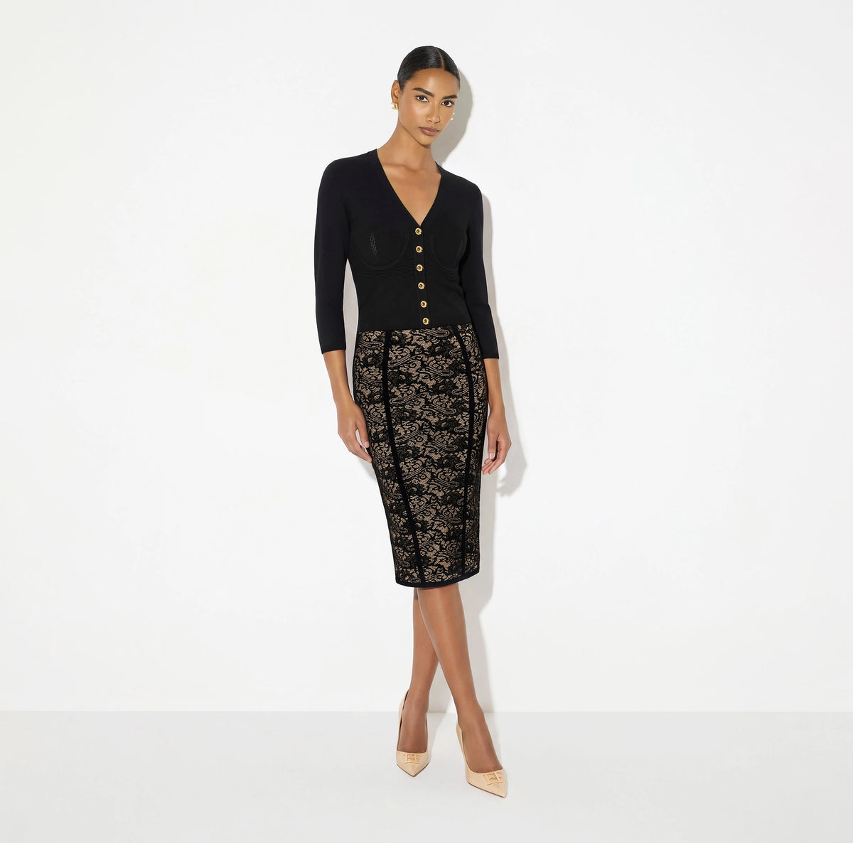 Black nude lace print knit pencil skirt