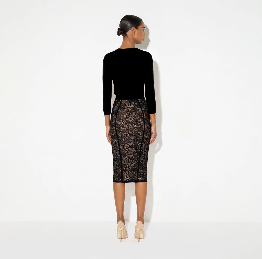 Black nude lace print knit pencil skirt