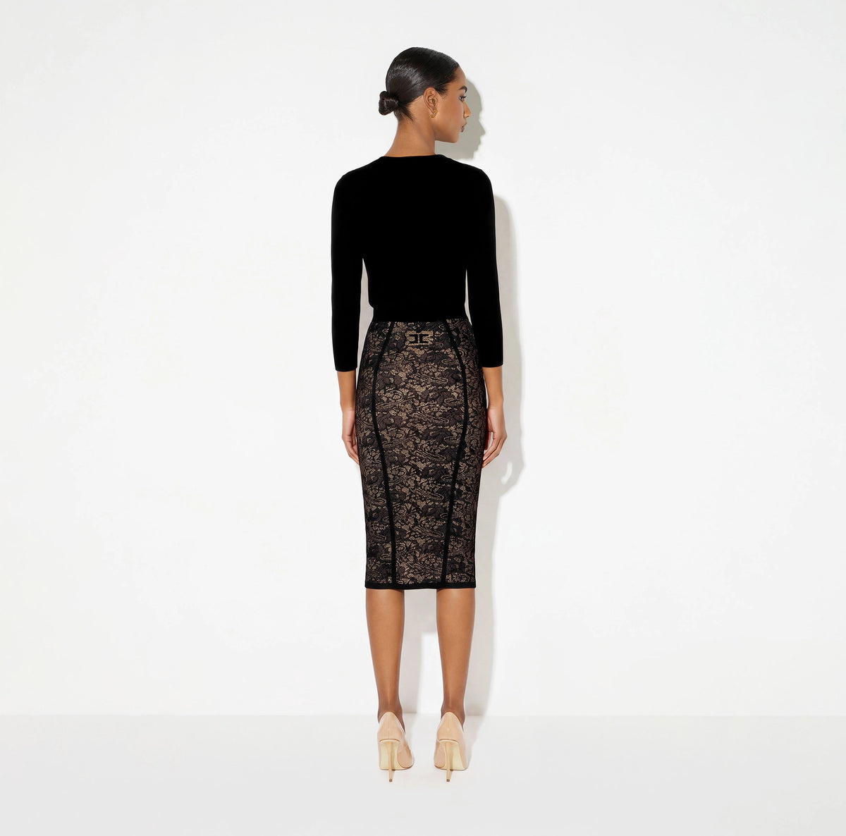 Black nude lace print knit pencil skirt