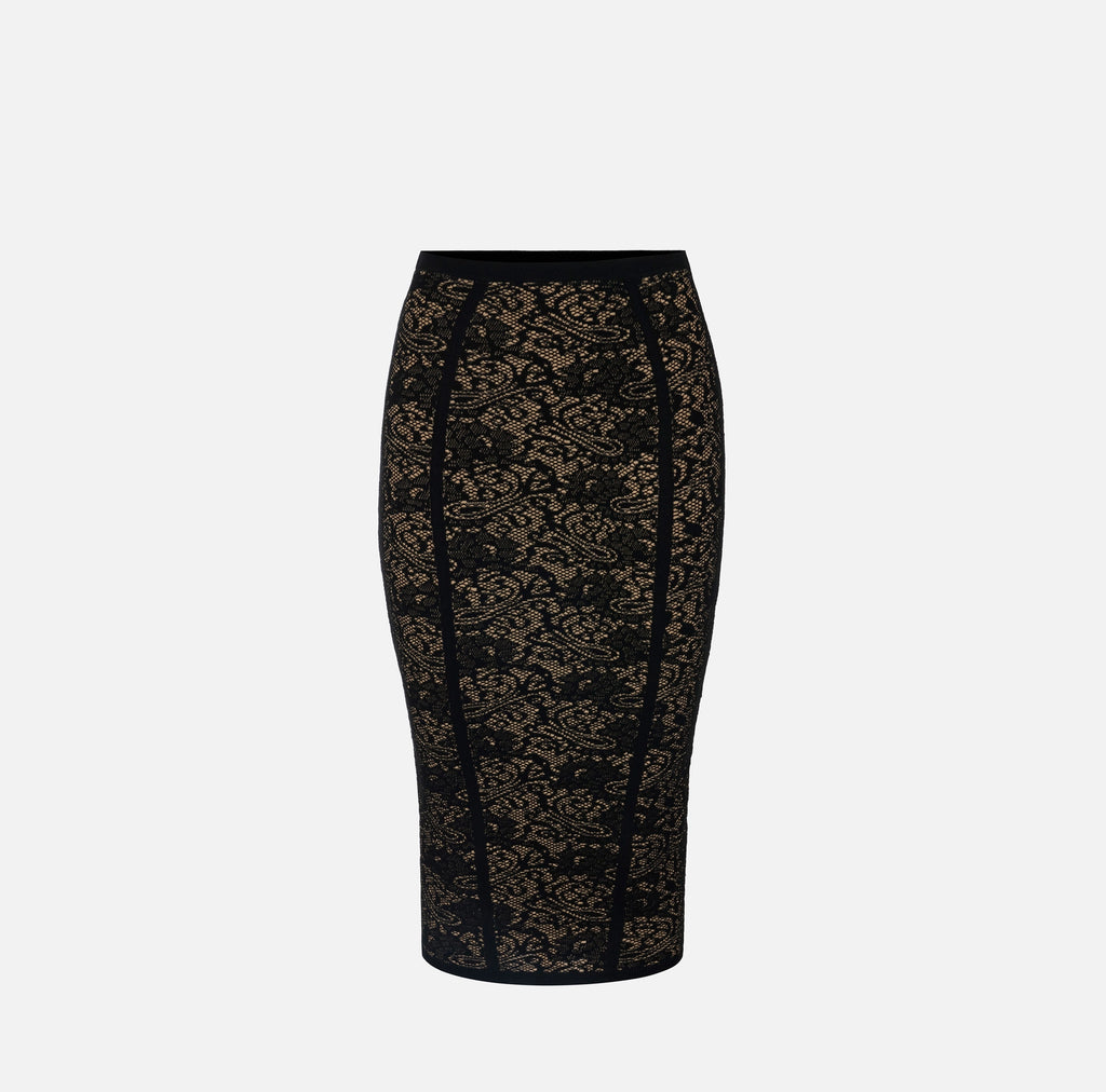 Black nude lace print knit pencil skirt