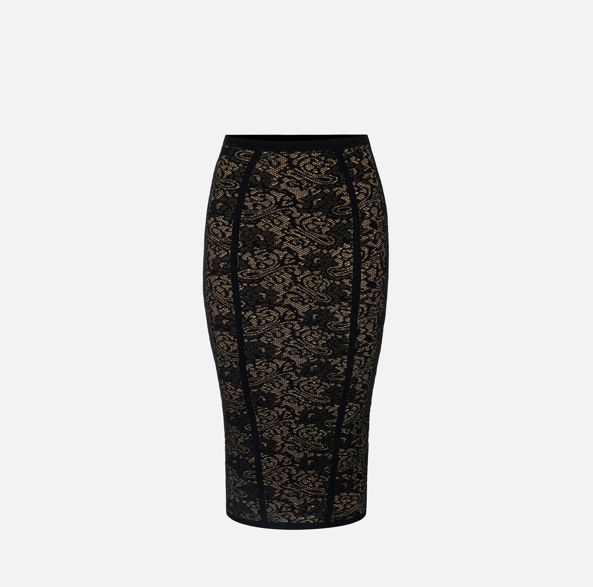 Black nude lace print knit pencil skirt