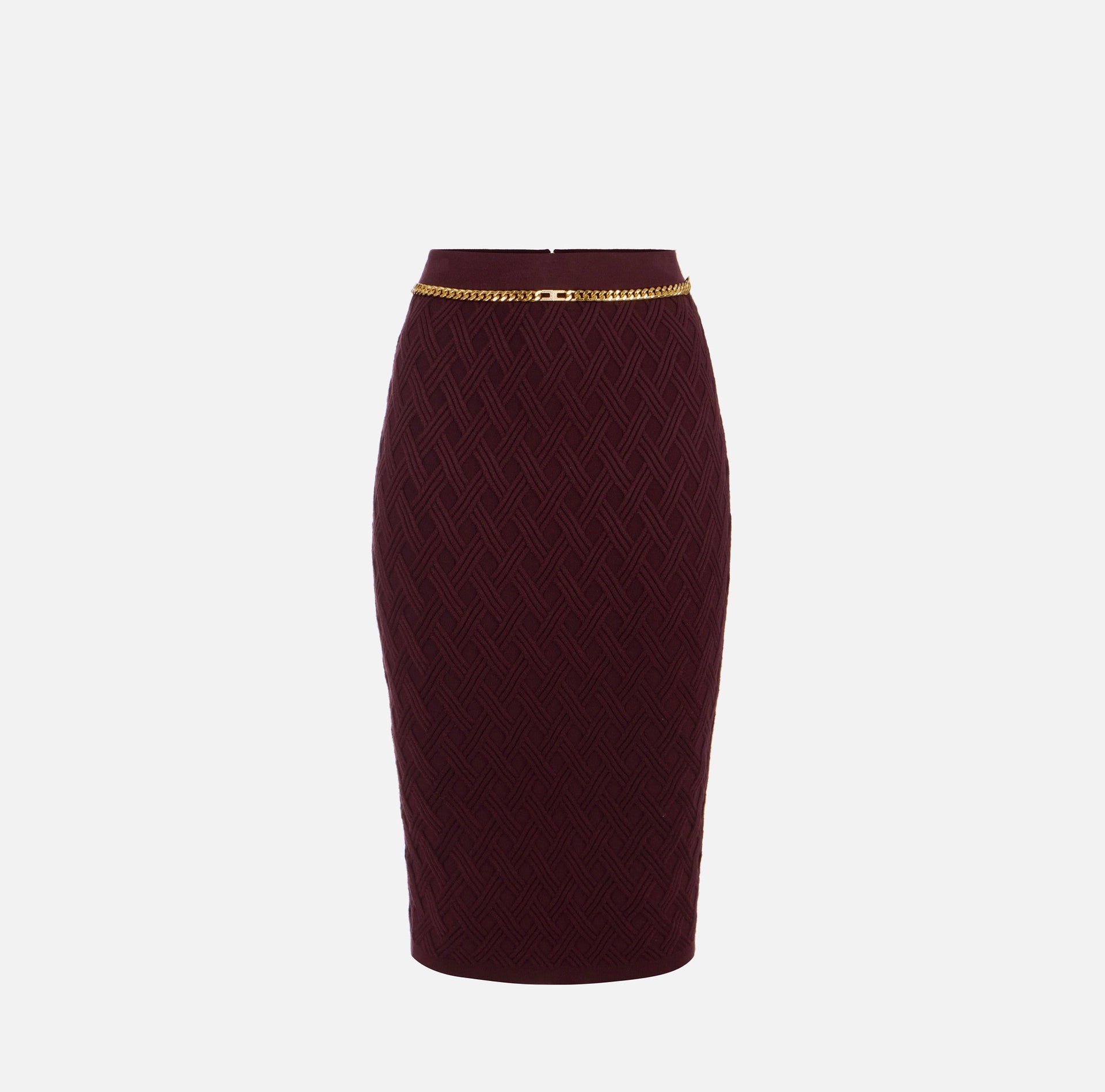 Burgundy knit pencil skirt with gold chain