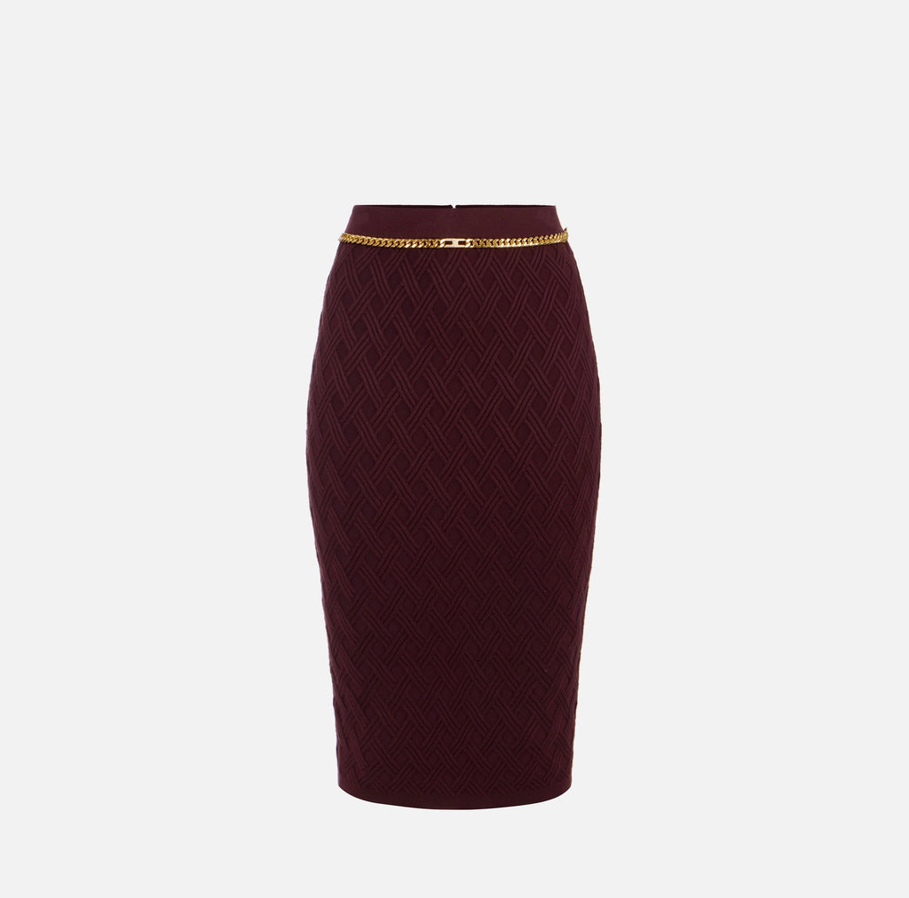 Burgundy knit pencil skirt with gold chain