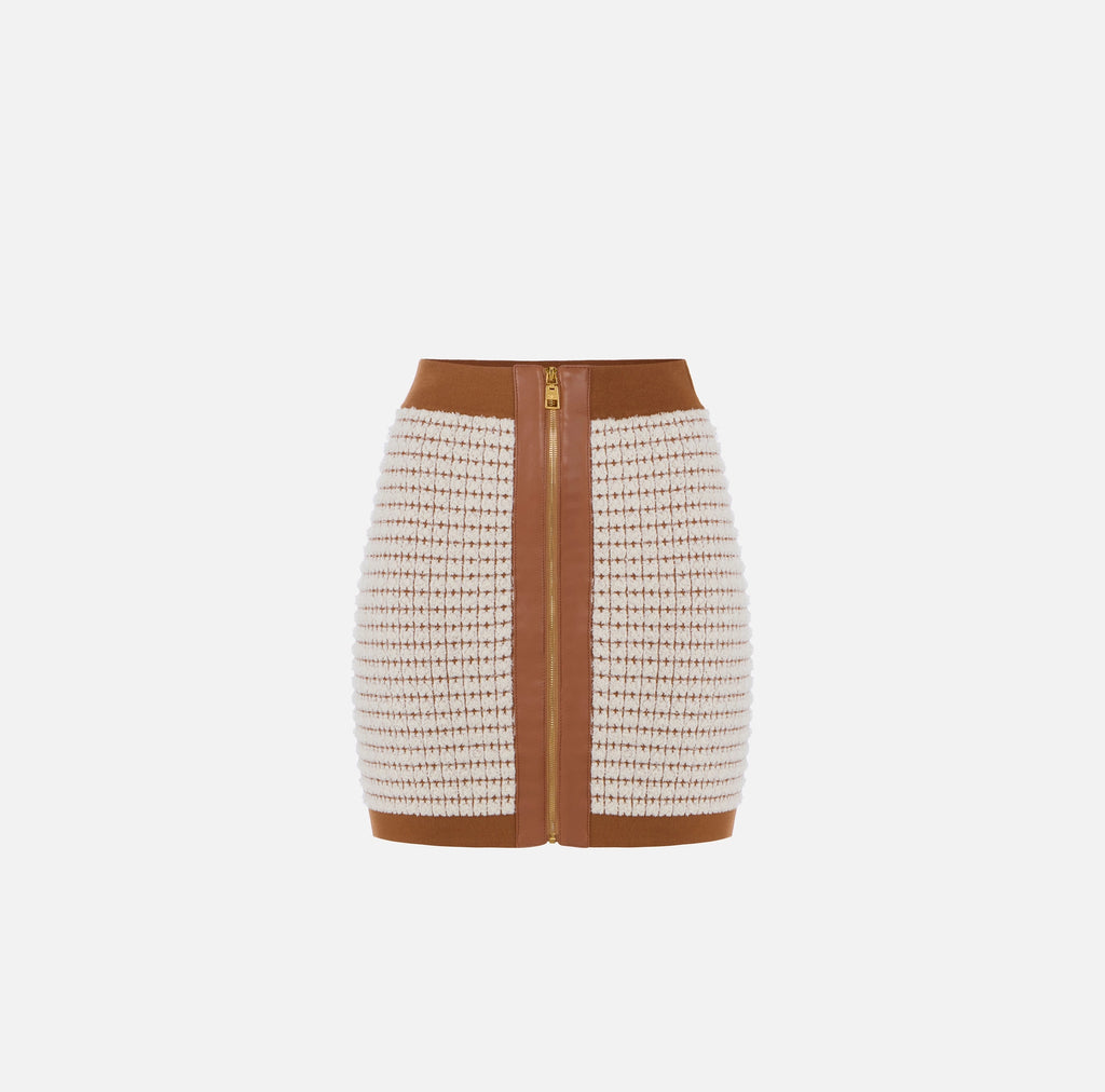 Ivory brown knit mini skirt with zipper