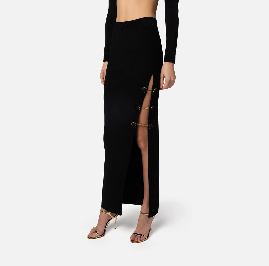 Black maxi shiny viscose skirt with buttons