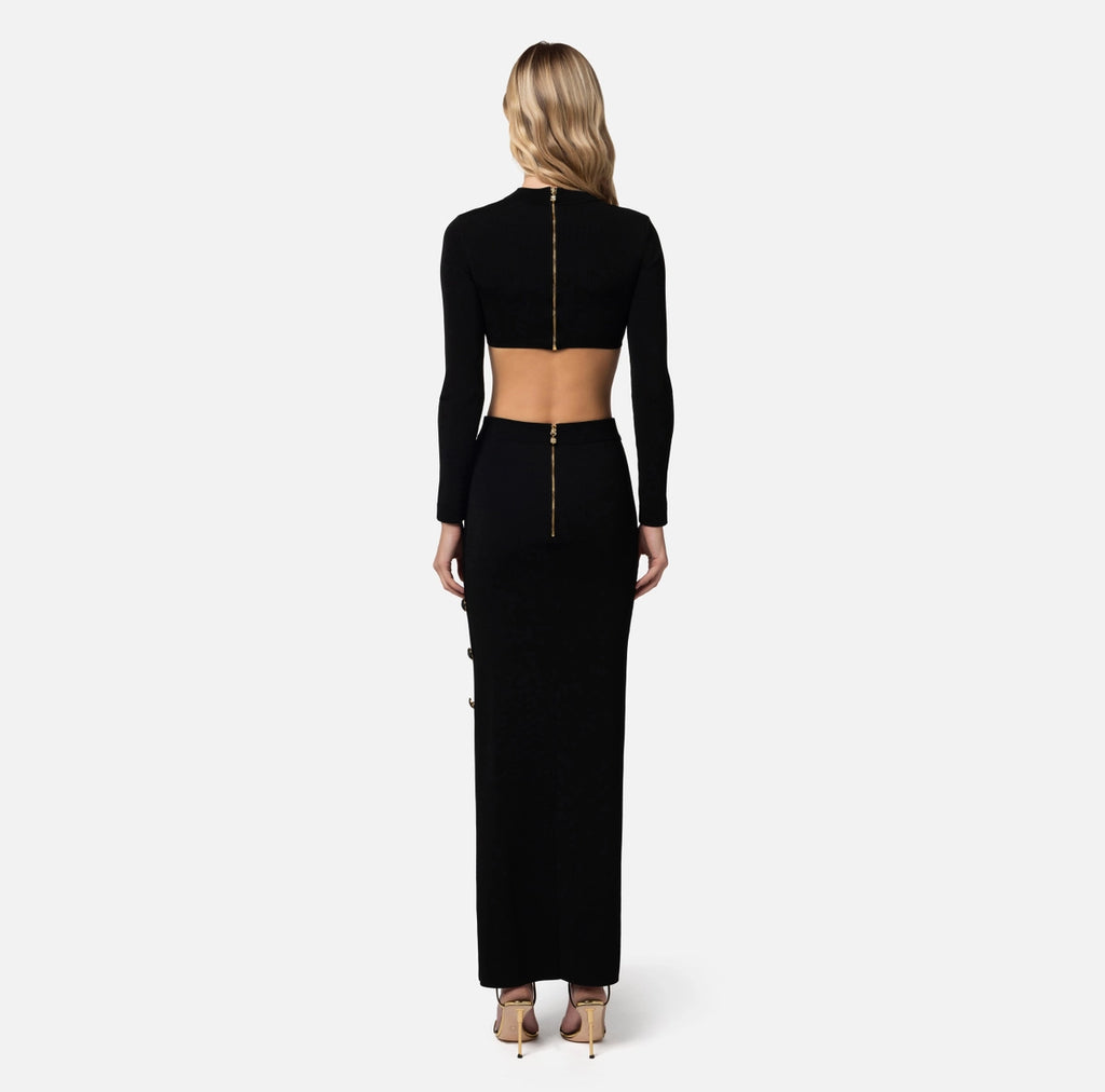 Black maxi shiny viscose skirt with buttons