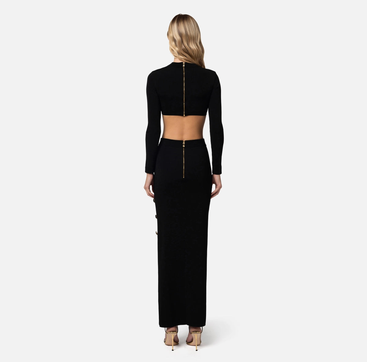 Black maxi shiny viscose skirt with buttons