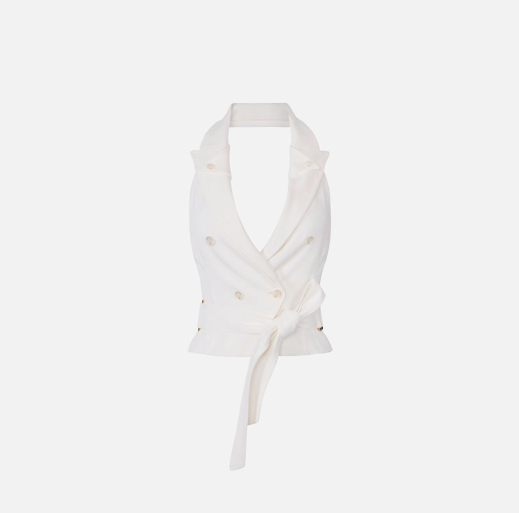 White gabardine vest with belt