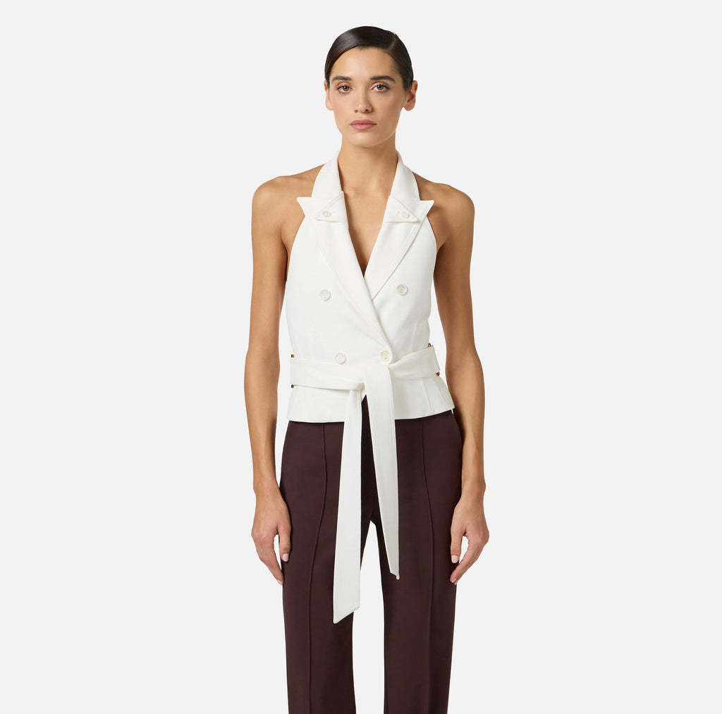 White gabardine vest with belt
