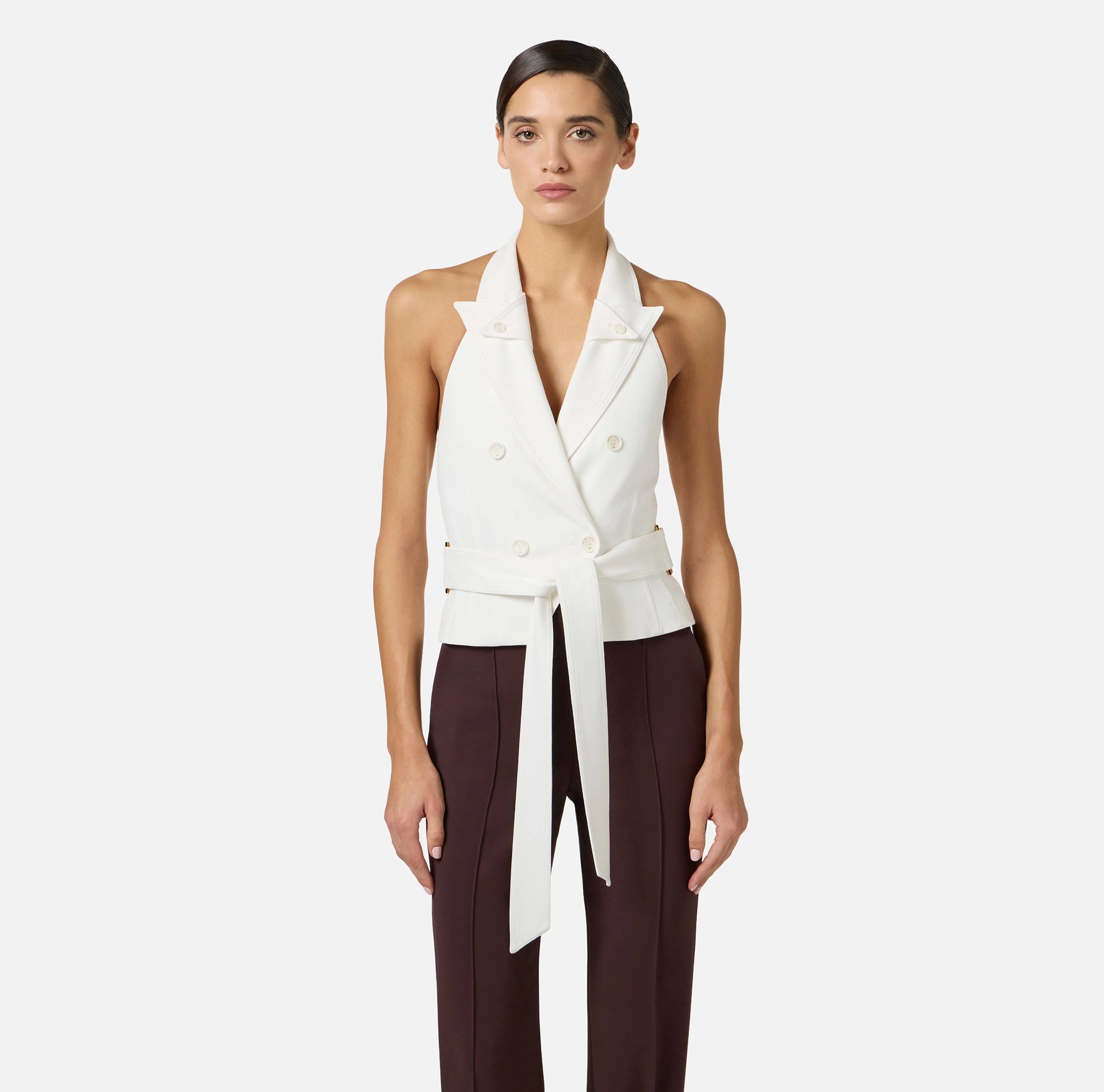 White gabardine vest with belt