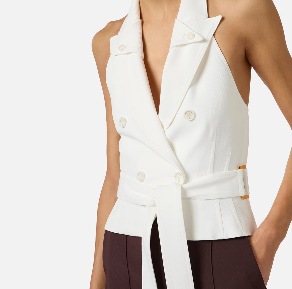 White gabardine vest with belt
