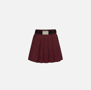 Burgundy technical nylon pleated mini skirt with belt