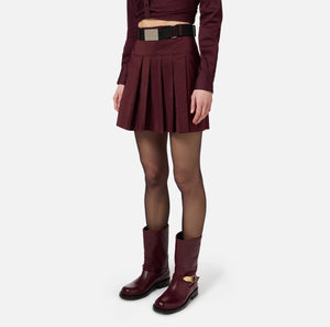 Burgundy technical nylon pleated mini skirt with belt