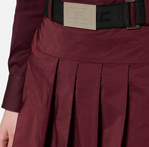 Burgundy technical nylon pleated mini skirt with belt