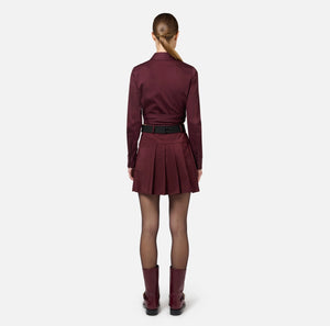 Burgundy technical nylon pleated mini skirt with belt