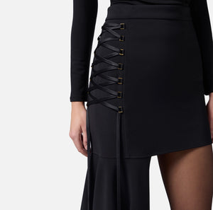 Black mini skirt with asymmetric panel and lacing