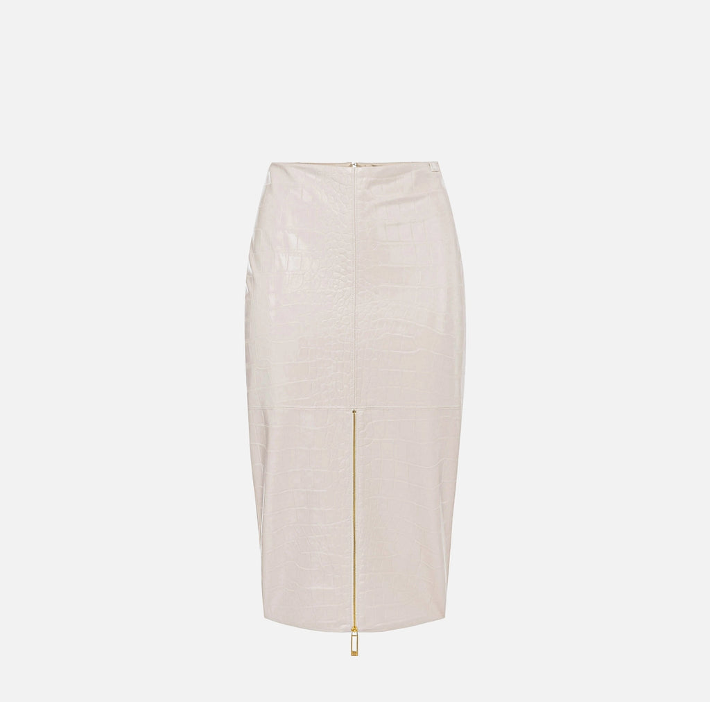 Ivory embossed croc faux leather pencil skirt
