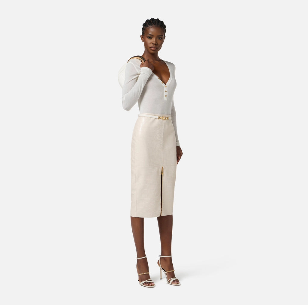 Ivory embossed croc faux leather pencil skirt