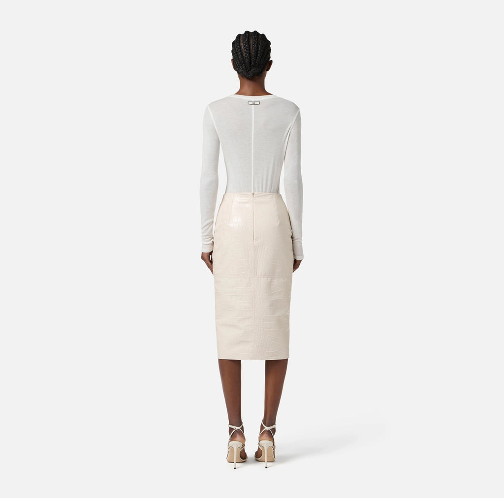 Ivory embossed croc faux leather pencil skirt