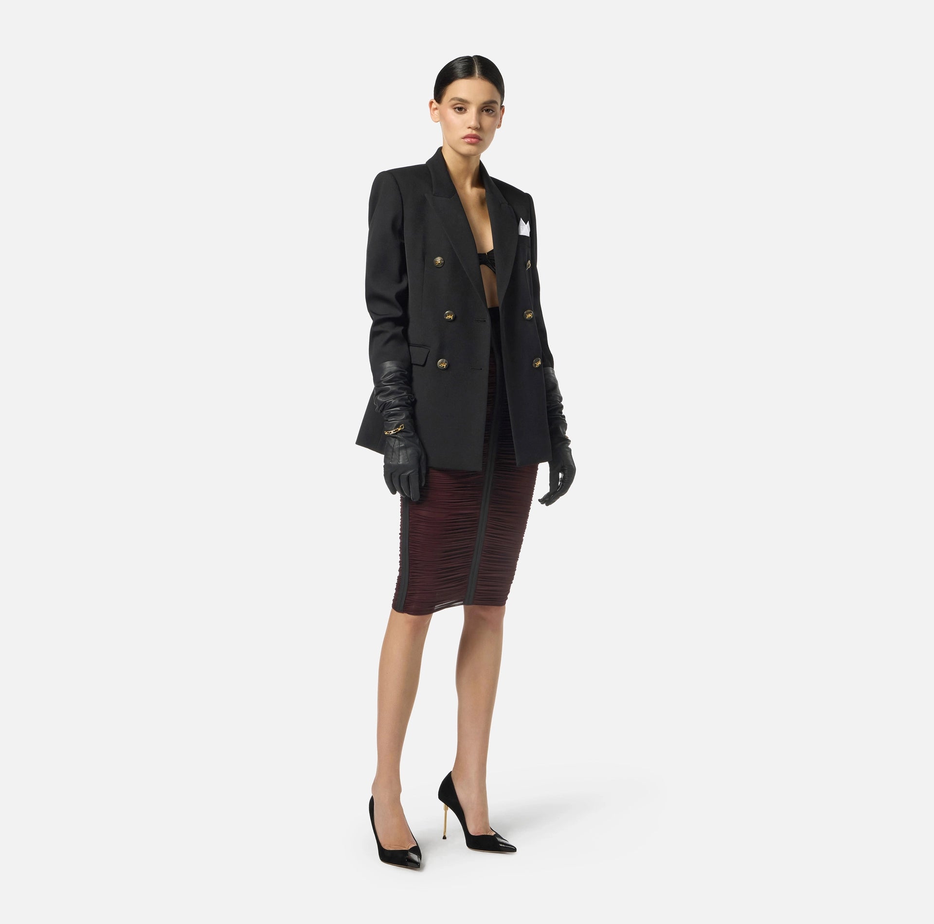 Burgundy rushed jersey pencil skirt