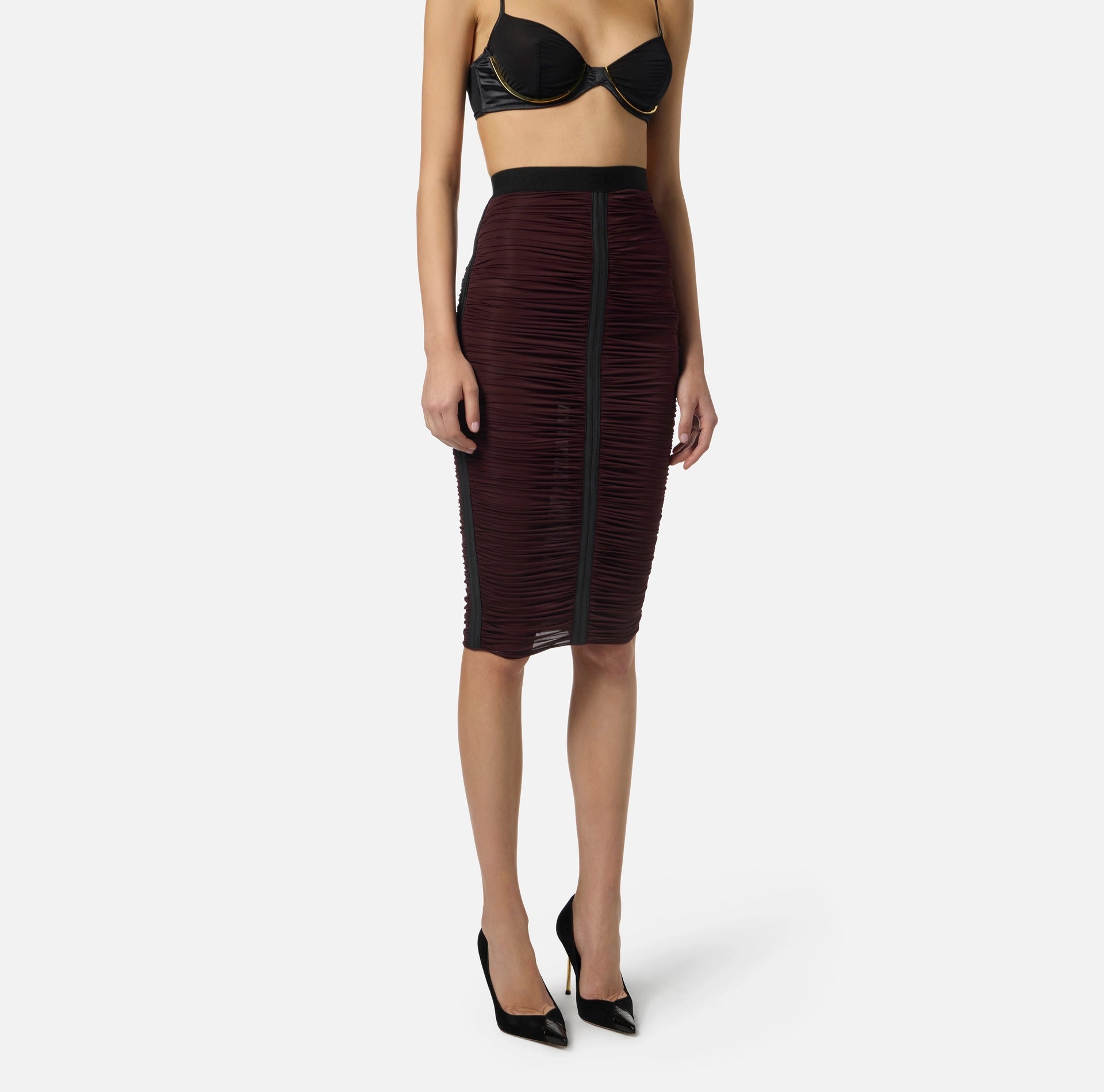 Burgundy rushed jersey pencil skirt