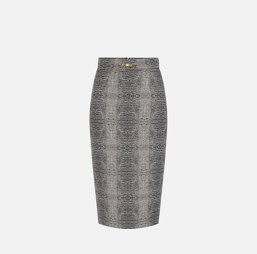Black python print pencil high waisted skirt