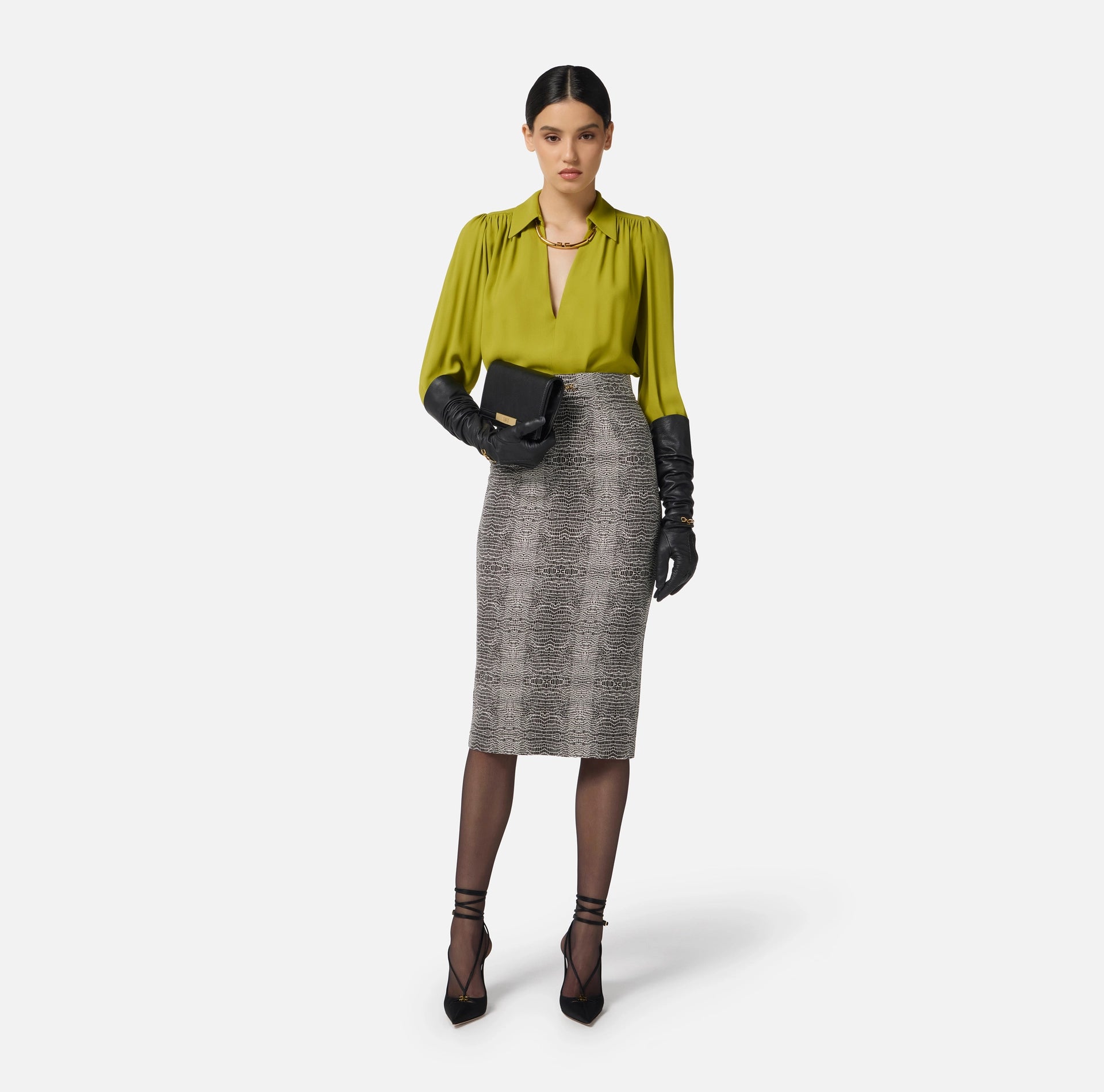 Black python print pencil high waisted skirt