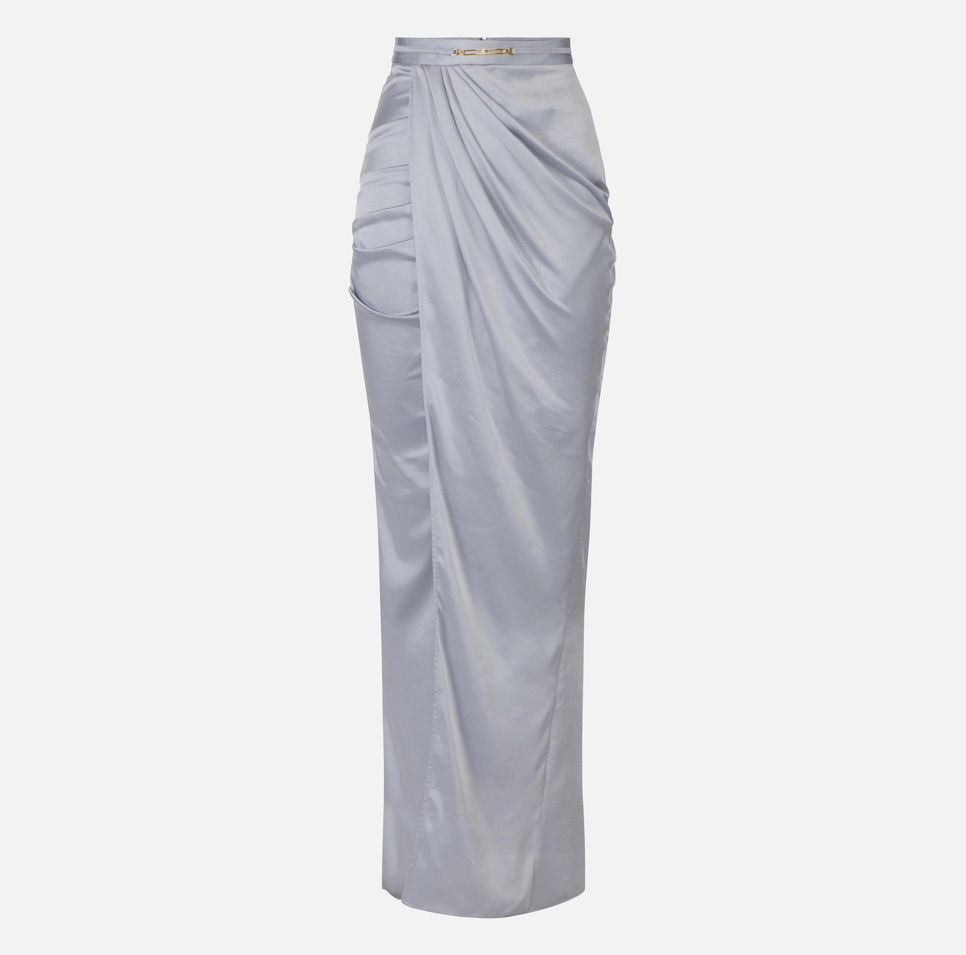 Baby blue silk satin draped maxi skirt