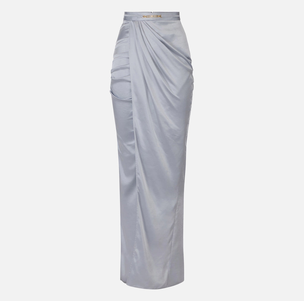 Baby blue silk satin draped maxi skirt