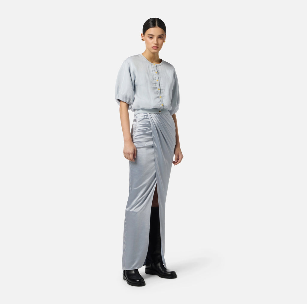 Baby blue silk satin draped maxi skirt
