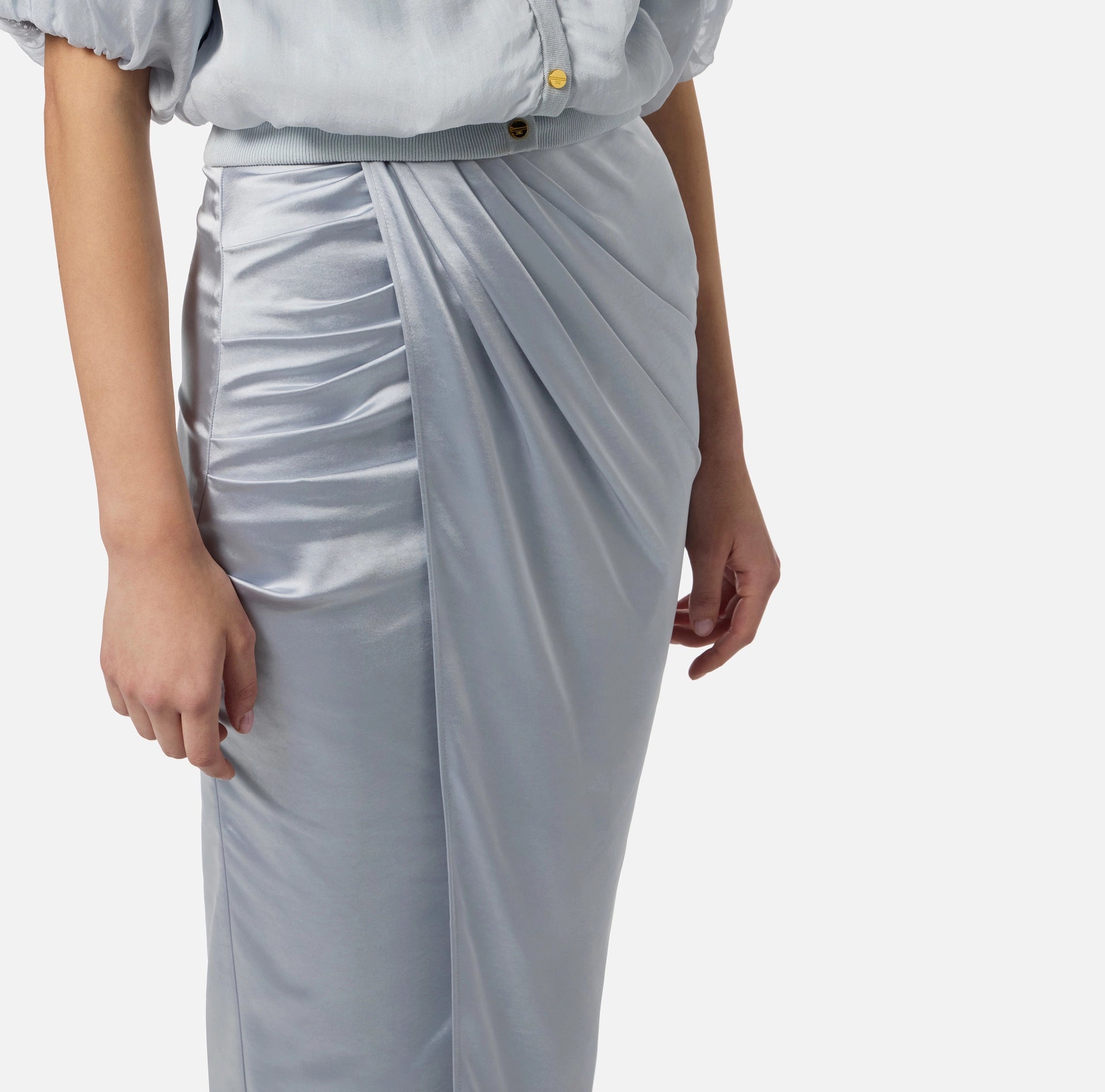 Baby blue silk satin draped maxi skirt