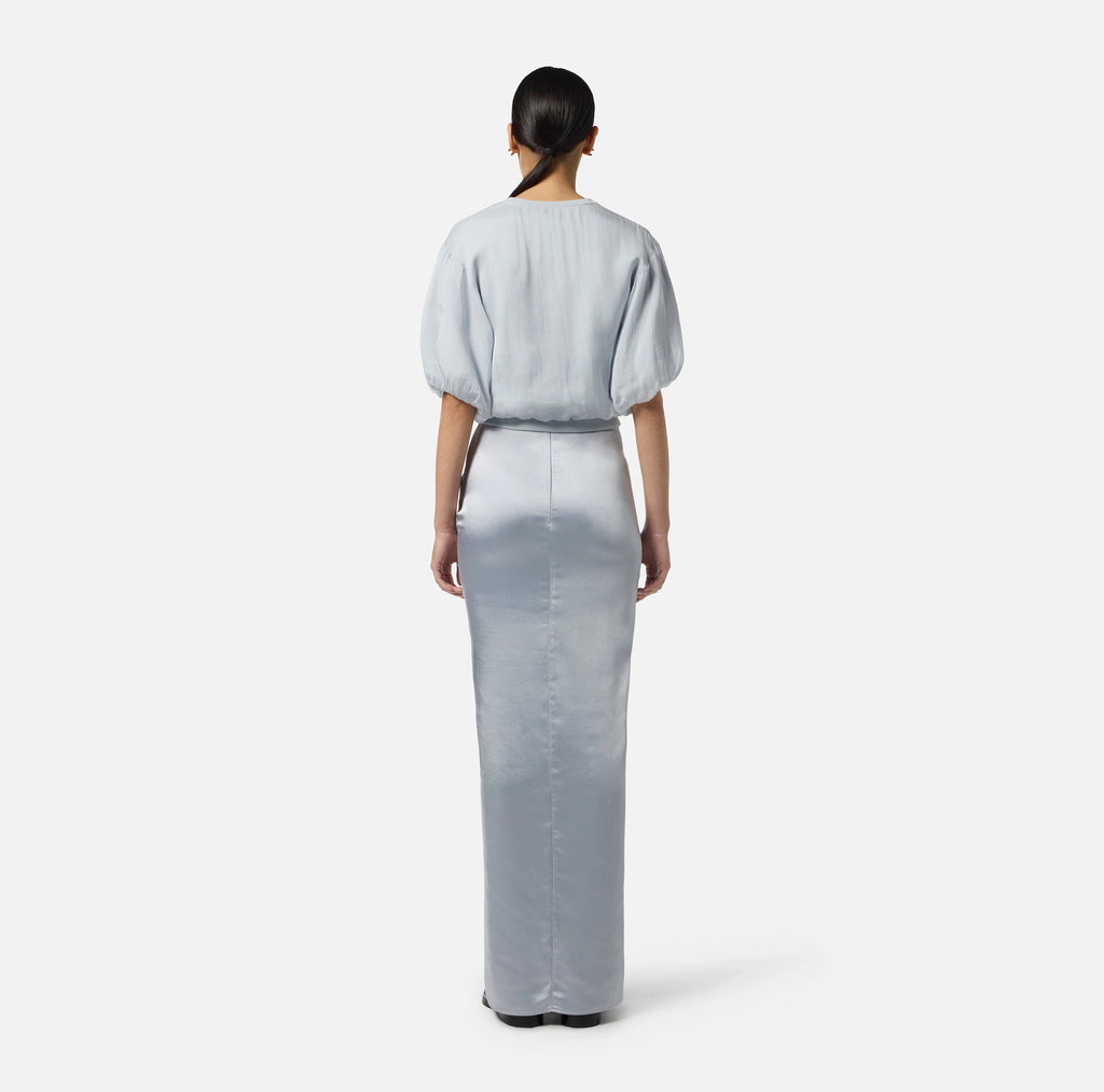 Baby blue silk satin draped maxi skirt