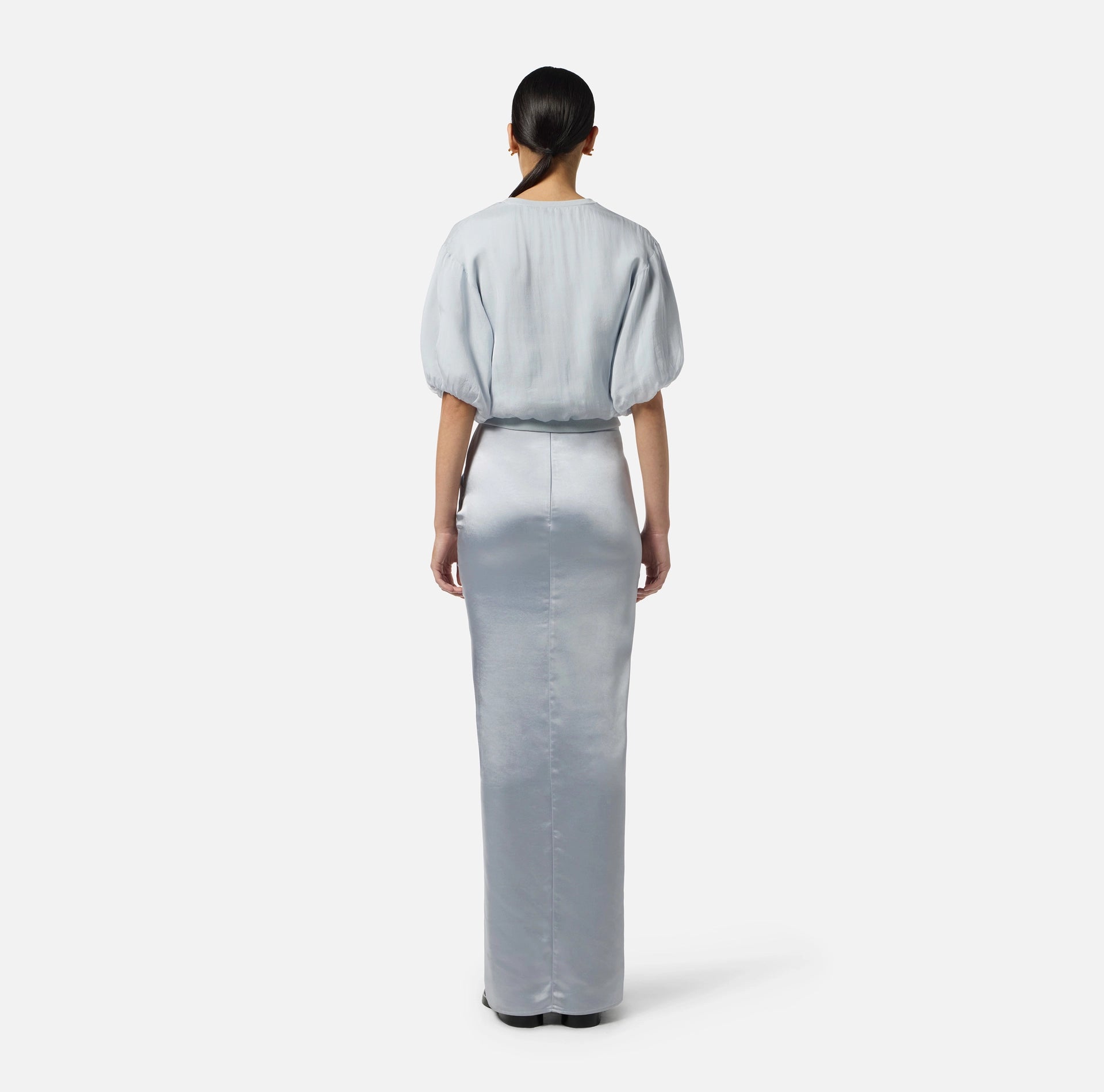 Baby blue silk satin draped maxi skirt